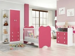 Quarto de Bebê Completo: Guarda-roupa + Cômoda com 3 Gavetas + Berço- Rosa/Branco