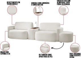 Sofá Sala Modulado 279cm com Puff Console USB Luminária Brumma Bouclê K01 - D'Rossi - Cinza claro
