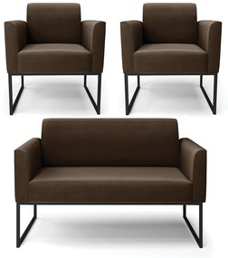 Sofá Namoradeira com 2 Poltronas Base Industrial Preto Marisa Suede Marrom D03 - D'Rossi