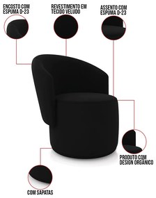 Poltrona Decorativa Orgânica Fixa para Sala Kit 2 Malu Veludo Preto M11 - D'Rossi