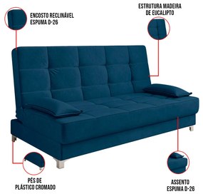 Sofá Cama Equador 193 cm Encosto Reclinável Veludo Pés Plástico Cromado - D'Rossi - Azul Marinho