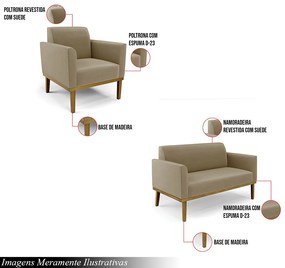 Conjunto 2 Poltronas e 1 Namoradeira Decorativa Isabella Pés Fixo em Madeira Castanho Suede Nude G19 - Gran Belo