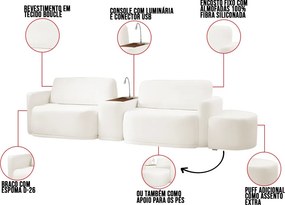 Sofá Sala Modulado 259cm com Puff Console USB Luminária Brumma Bouclê K01 - D'Rossi - Off White