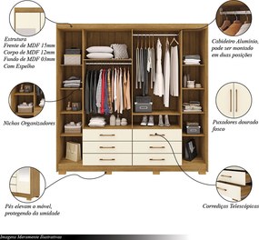 Guarda Roupa Dunas Casal 6 Portas de Bater 2 Com Espelhos 6 Gavetas MDF Nature/OffWhite G98 - Gran Belo