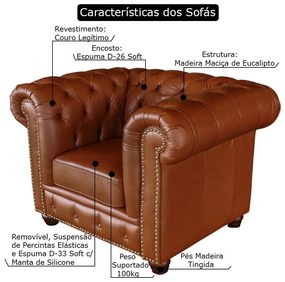 Conjunto de Sofás Sala de Estar Chesterfield Pés Madeira Couro Conhaque Brilho G40 - Gran Belo