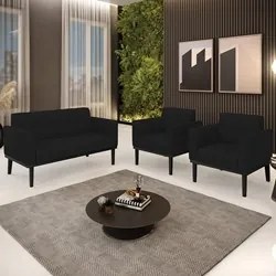 Sofá Namoradeira e 2 Poltronas Base Madeira Preto Ana Linho Preto - Ib