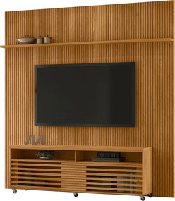 Painel TV 75 Pol 238cm Ripado Kalven com Rack Bancada Nerion M20 - D'Rossi - Cumaru(fosco)