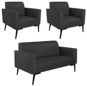 Sofá Namoradeira com 2 Poltronas Pés Villach Marisa Corino D03 - DRossi - Preto