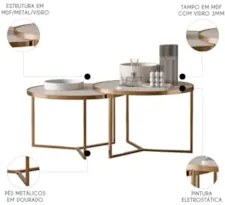 Mesa de Centro Pés Metálicos Kit 2 Thor Off/Dourado E05     - Mpozenat
