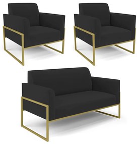 Sofá Namoradeira com 2 Poltronas Base Industrial Alta Dourado Marisa Veludo D03 - D'Rossi - Preto