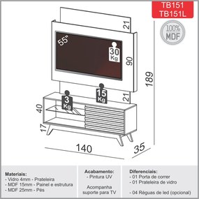 Painel Home 140cm P/ Tv Até 55 Off White Nobre Tb151 Dalla Costa