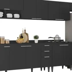 Armário de Cozinha Com Tampo CP06 390cm Pérola Preto Z34      - Mpozen