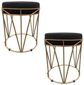 Kit 02 Puffs Multiuso com Mesa Babu 2 em 1 Suede Preto Base Dourado - D'Rossi