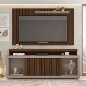 Conjunto Painel e Rack Bancada Toquio 180cm MDP Portas de correr Ripado Havana/Fendi G11 - Gran Belo