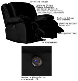 Poltrona do Papai Reclinável Elétrica com Entrada USB Magnum Veludo Preto G23 - Gran Belo