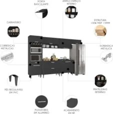 Armário de Cozinha Com Tampo CP06 310cm Pérola Preto Z34      - Mpozen