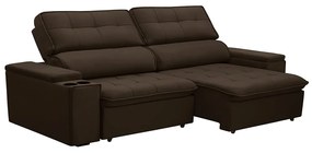 Sofá Retrátil e Reclinável 3 Lugares 230cm Zoho Porta Copos no Braço Veludo Marrom G22 - Gran Belo