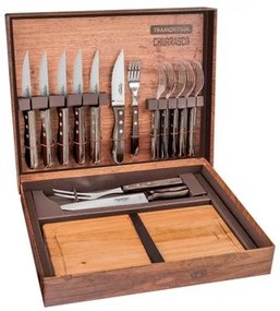 Kit para Churrasco Tramontina Aço Inox e Cabos em Madeira Polywood Castanho com Caixa de Papelão 15 Peças