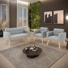Kit 1 Sofá Namoradeira e 2 Poltronas Elisa Suede Cinza Pés Palito Natural - D'Rossi