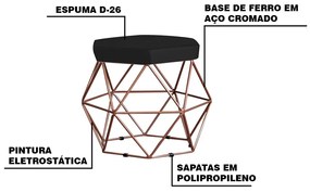 Puff Decorativo Base Bronze Elsa Suede Preto G41 - Gran Belo