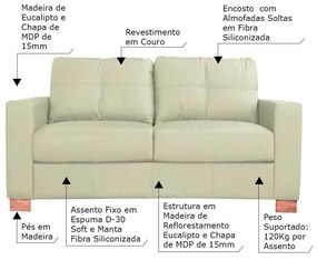Sofá 2 Lugares Sala de Estar Pés Madeira kenny 160 cm Couro Off White G43 - Gran Belo