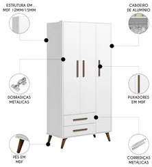 Guarda Roupa Infantil 3 Portas Retrô Q Encanto Branco - Qmovi