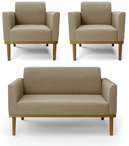 Conjunto 2 Poltronas e 1 Namoradeira Decorativa Isabella Pés Fixo em Madeira Castanho Suede Nude G19 - Gran Belo
