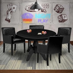 Mesa de Jogos Carteado Montreal Redonda Tampo Reversível Preto com 4 Cadeiras Liverpool PU Sintético Preto Matelassê G36 G15 - Gran Belo