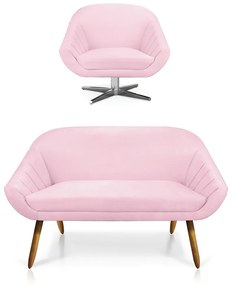 Kit 01 Namoradeira 02 Lugares e 01 Poltrona Giratória Giovana Suede Base Cromada - D'Rossi - Rosa Bebê