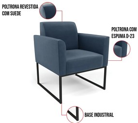 Poltrona Base Industrial Preto Marisa Suede - Azul Marinho