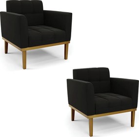 Kit 2 Poltronas Decorativas Karen Pés Fixo em Madeira Castanho Suede Preto G19 - Gran Belo