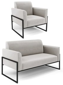 Sofá Namoradeira com Poltrona Base Industrial Alta Preto Marisa Veludo D03 - D'Rossi - Cinza