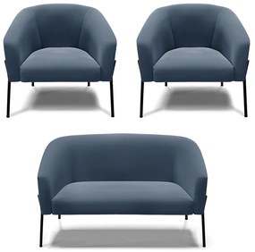 Namoradeira e 2 Poltronas Pé de Ferro Preto Stella Suede D03 - D'Rossi - Azul Marinho