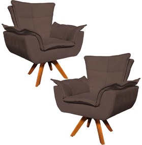 Kit 2 Poltronas Decorativas Base Giratória em Madeira Charger Suede Marrom G19 - Gran Belo