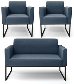 Sofá Namoradeira com 2 Poltronas Base Industrial Preto Marisa Suede D03 - D'Rossi - Azul Marinho