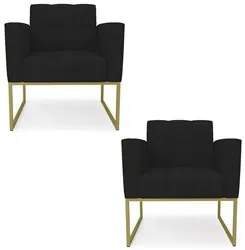 Poltrona Base Industrial Dourado Kit 2 Ana Linho Preto - Ibiza