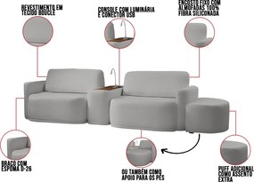 Sofá Sala Modulado 319cm com Puff Console USB Luminária Brumma Bouclê K01 - D'Rossi - Cinza