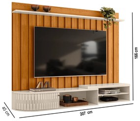 Painel TV 75 Pol 207cm Bancada Suspensa para Sala Elvano M20 - D'Rossi - Cinamomo e Off White
