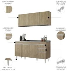 Armário Cozinha e Balcão Com Pia 150cm Marrocos Castanho    - Lumil