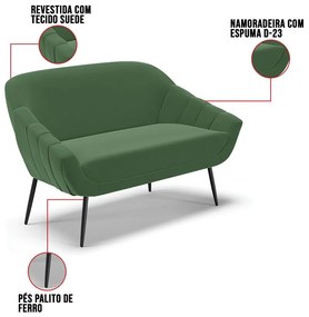 Namoradeira Giovana 02 Lugares Suede Pés Palito de Ferro D03 - D'Rossi 
 - Verde