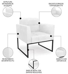 Poltrona Decorativa Base Industrial Preto Ana Sintético PU Branco - Ib