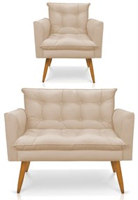 Kit 1 Sofá Namoradeira e 1 Poltrona Tais Suede Pés Palito Castanho - D'Rossi - Bege