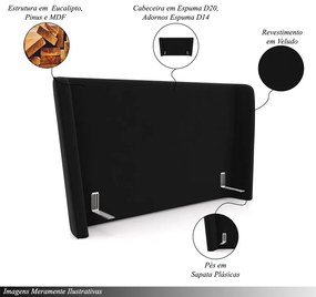 Cabeceira Design para Cama de Casal Torres Pés em Madeira Veludo Preto G91 - Gran Belo