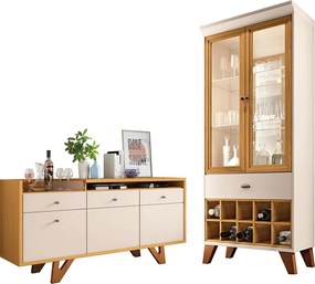 Conjunto Cristaleira e Buffet Aparador Decorativo Ópera/Sollare Off White/Cinamomo G26 - HB Móveis