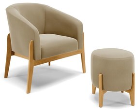 Poltrona com Puff Base de Madeira Stella Suede D03 - D'Rossi - Marrom Rato
