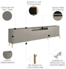 Rack TV 75 Pol 220cm 4 Portas Lisas Blen Grigio/Dourado I06 - Mpozenat