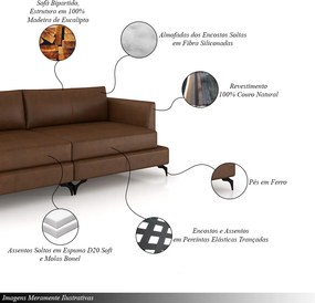 Sofá Living Bipartido 250cm Indonésia Pés de Ferro Couro Caramelo Manchado G52 - Gran Belo