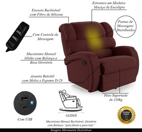 Poltrona do Papai Sala de Cinema Reclinável Kylie Glider Manual Giratória Massagem USB Veludo Vinho G23