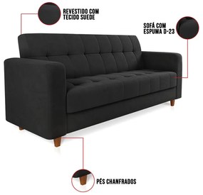 Sofá 03 Lugares Arezzo Suede Pés Chanfrado Castanho D01 - D'Rossi - Preto