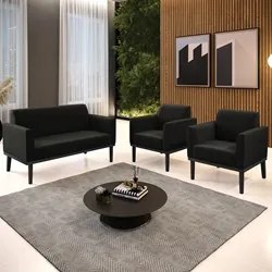 Sofá Namoradeira e 2 Poltronas Base Madeira Preto Maressa Suede Preto
